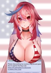 Rule 34 | 1girl, 4chan, absurdres, american flag bikini, american flag print, bare arms, bare shoulders, bikini, black choker, blue hair, blurry, blurry background, breasts, choker, cleavage, closed mouth, collarbone, commentary, depth of field, english commentary, english text, ffrouty aiz, flag print, hair between eyes, highres, large breasts, long hair, looking at viewer, multicolored hair, original, print bikini, red eyes, red hair, solo, streaked hair, swimsuit, upper body