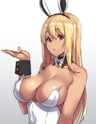 Rule 34 | 1girl, animal ears, bare shoulders, blonde hair, blush, bow, bowtie, breasts, cleavage, covered erect nipples, dark-skinned female, dark skin, detached collar, fake animal ears, female focus, houtengeki, large breasts, leotard, long hair, looking at viewer, open mouth, original, playboy bunny, rabbit ears, red eyes, simple background, solo, upper body, wrist cuffs