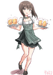 Rule 34 | 1girl, alcohol, alternate costume, apron, beer, beer mug, black footwear, black skirt, breasts, brown eyes, brown hair, cup, dirndl, fuji (pixiv24804665), full body, german clothes, grey apron, highres, kantai collection, looking at viewer, mug, open mouth, pleated skirt, round teeth, shirt, short hair with long locks, simple background, skirt, small breasts, solo, taihou (kancolle), teeth, tray, upper teeth only, waitress, white background, white shirt