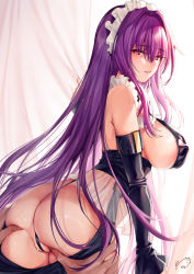 Rule 34 | 1girl, alternate costume, areola slip, ass, ass grab, backlighting, bare shoulders, blush, breasts, covered erect nipples, curtains, detached sleeves, enmaided, fate/grand order, fate (series), frills, hair intakes, highres, large breasts, long hair, looking at viewer, looking back, maid, maid headdress, obiwan, parted lips, partially visible vulva, purple hair, red eyes, scathach (fate), sideboob, smile, solo focus, underbust