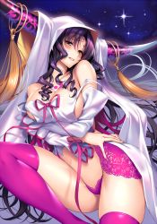 Rule 34 | 10s, 1girl, breasts, cleavage, fate/extra, fate/extra ccc, fate (series), highres, horns, large breasts, long hair, looking at viewer, panties, piromizu, purple hair, sessyoin kiara, thighhighs, underwear