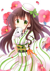 Rule 34 | 1girl, alternate costume, blush, bow, breasts, brown hair, closed mouth, commentary request, cowboy shot, english text, floral background, flower, gloves, gochuumon wa usagi desu ka?, green bow, green eyes, happy birthday, hat, hat bow, highres, holding, holding letter, japanese clothes, kimono, letter, long hair, long sleeves, looking at viewer, massala, medium breasts, obi, orange ribbon, petals, ranguage, ribbon, sash, smile, solo, standing, striped clothes, striped kimono, ujimatsu chiya, vertical-striped clothes, vertical-striped kimono, white background, white gloves, white hat, white kimono, wide sleeves