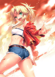 Rule 34 | 1girl, ass, bandeau, bare shoulders, belt, blonde hair, braid, breasts, clarent (fate), cutoffs, denim, denim shorts, fate/apocrypha, fate (series), french braid, green eyes, hair ornament, hair scrunchie, jacket, long hair, long sleeves, looking at viewer, mordred (fate), mordred (fate/apocrypha), mordred (memories at trifas) (fate), off shoulder, open clothes, open jacket, open mouth, parted bangs, ponytail, red jacket, red scrunchie, scrunchie, shorts, sidelocks, small breasts, smile, solo, sword, thighs, weapon, zen