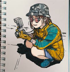 Rule 34 | 1girl, aqua footwear, brown hair, camera, camouflage, camouflage headwear, earrings, full body, gloves, hat, holding, holding camera, jacket, jewelry, long sleeves, looking at viewer, monamin, original, photo (medium), plaid, plaid footwear, shadow, shoes, shorts, solo, squatting, tattoo, traditional media, watch, wristwatch, yellow gloves