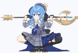 Rule 34 | 1girl, :|, ascot, asymmetrical legwear, back bow, bardiche (weapon), belt, beret, black bow, black gloves, black thighhighs, blue ascot, blue belt, blue bow, blue hair, blue socks, boots, bow, closed mouth, commentary, crown, dress, expressionless, frilled dress, frills, full body, furrowed brow, gloves, grey hat, hands up, hashtag-only commentary, hat, high heel boots, high heels, highres, holding, holding polearm, holding weapon, hololive, hoshimachi suisei, hoshimachi suisei (1st costume), jacket, jitome, lapels, medium hair, mini crown, mismatched legwear, music, nmi mimi, no nose, notched lapels, over shoulder, plaid clothes, plaid dress, plaid jacket, polearm, simple background, single sock, single thighhigh, socks, solo, squatting, thighhighs, virtual youtuber, weapon, weapon over shoulder, white background