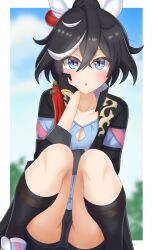 Rule 34 | 1girl, absurdres, animal ears, black gloves, black hair, black shorts, black socks, blue eyes, blue shirt, blurry, blurry background, blush, border, breasts, button gap, coat, collarbone, commentary request, ear covers, feet out of frame, gloves, hair between eyes, hair ornament, hand on own face, head rest, highres, horse ears, horse girl, horse tail, katsuragi ace (umamusume), kusarigama sshimi, looking at viewer, medium breasts, medium hair, multicolored hair, no panties, open clothes, open coat, open mouth, outdoors, ponytail, shirt, shoes, shorts, sneakers, socks, solo, squatting, streaked hair, tail, tassel, tassel hair ornament, textless version, umamusume, white border, white footwear, white hair