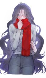 Rule 34 | 1girl, ahoge, arm up, black hair, blush, breasts, cjdauddkdk 1010, covered mouth, denim, grey sweater, half-closed eyes, highres, jeans, long hair, long sleeves, looking at viewer, medium breasts, pants, return of the mount hua sect, scarf, simple background, solo, sweater, upper body, yu iseol (return of the mount hua sect)
