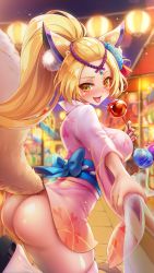 Rule 34 | 1girl, :p, animal ears, ass, blonde hair, blush, breasts, candy, ch@r, food, fox ears, fox tail, groin, happy, high ponytail, highres, holding, invisible man, japanese clothes, kimono, large breasts, legs, long hair, looking back, night, no panties, obi, open mouth, original, outdoors, pov, project qt, saliva, sash, smile, standing, tail, thighhighs, thighs, tongue, tongue out, yellow eyes
