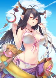Rule 34 | 10s, 1girl, :o, antenna hair, artistic error, bad id, bad pixiv id, bandages, bikini, black hair, breasts, cleavage, covered erect nipples, crescent, danua, doll, draph, female focus, front-tie top, glowing, glowing eyes, granblue fantasy, hair between eyes, highres, horn ornament, horns, innertube, jewelry, kuro mochi, large breasts, long hair, looking at viewer, navel, necklace, open mouth, pointy ears, red eyes, ribbon, side-tie bikini bottom, solo, strap gap, swim ring, swimsuit, very long hair, white bikini