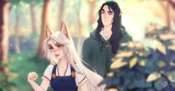 Rule 34 | 1boy, 1girl, animal ear fluff, animal ears, artist name, black hair, blue eyes, blurry, blurry background, blurry foreground, breasts, brown eyes, clenched hand, commentary, day, depth of field, elf, english commentary, forest, fox ears, freckles, heterochromia, long hair, losse (personal ami), medium breasts, nature, open mouth, orange eyes, original, outdoors, personal ami, pointy ears, short sleeves, teeth, thick eyebrows, white hair