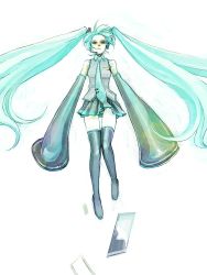 Rule 34 | 1girl, aqua hair, arms at sides, black footwear, black sclera, black skirt, boots, collared shirt, colored sclera, detached sleeves, floating, floating hair, full body, grey shirt, hair ornament, hatsune miku, headphones, headset, knees together feet apart, long hair, microphone, miniskirt, mwr, necktie, oversized clothes, pleated skirt, shirt, skirt, solo, thigh boots, thigh gap, thighhighs, twintails, vocaloid, white background