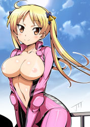 Rule 34 | 10s, 1girl, bad id, bad pixiv id, bakuon!!, bell, biker clothes, bikesuit, blonde hair, blush, bodysuit, bow, breasts, brown eyes, hair bell, hair bow, hair ornament, jet yowatari, large breasts, light smile, long hair, looking at viewer, navel, nipples, signature, smile, solo, suzunoki rin, tan, tanline, tsurime, twintails