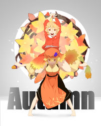 Rule 34 | 2girls, :d, aki minoriko, aki shizuha, apron, arms up, autumn, autumn leaves, barefoot, black skirt, blonde hair, carrying, collared shirt, commentary request, food, gradient skirt, grey background, grin, hair between eyes, hair ornament, hat, holding, leaf hair ornament, legs apart, long sleeves, looking at viewer, mirukia, multiple girls, open mouth, orange apron, orange eyes, orange hat, outstretched arm, outstretched arms, paintbrush, parted lips, red shirt, red skirt, shirt, short hair, shoulder carry, skirt, smile, spread arms, sweet potato, teeth, touhou, wide sleeves, wing collar, yellow shirt, yellow skirt