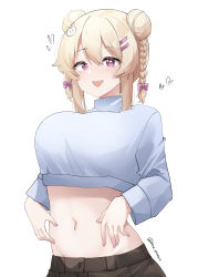 Rule 34 | 1girl, :d, absurdres, blonde hair, blue sweater, bow, braid, breasts, commentary, crop top, double bun, hair between eyes, hair bow, hair bun, highres, large breasts, long sleeves, looking at viewer, midriff, navel, open mouth, original, pinepin, purple bow, purple eyes, rara (pinepin), simple background, smile, solo, stomach, sweater, turtleneck, turtleneck sweater, twin braids, twintails, white background