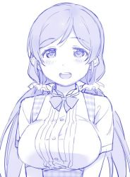 Rule 34 | 1girl, blue theme, blush, breasts, commentary request, duke (inu daimyou), large breasts, long hair, looking at viewer, love live!, love live! school idol project, low twintails, monochrome, open mouth, ribbed shirt, shirt, short sleeves, simple background, sketch, solo, tojo nozomi, twintails, upper body, white background