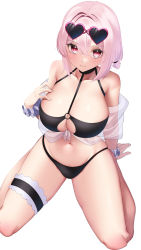 Rule 34 | absurdres, azur lane, bikini, black bikini, breasts, cleavage, cleavage cutout, clothing cutout, eyewear on head, halterneck, hand on own chest, highres, kneeling, large breasts, looking at viewer, official alternate costume, pink eyes, see-through, see-through shirt, seele0907, short hair, sirius (azur lane), sirius (scorching-hot seirios) (azur lane), solo, spread legs, sunglasses, swimsuit, thigh strap, thighs, white hair