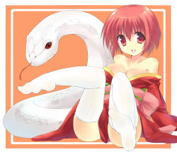 Rule 34 | 10s, 1girl, 2013, animal, breasts, fang, feet, giant snake, japanese clothes, kimono, leg lift, mishaguji, no shoes, obi, off shoulder, original, oversized animal, red eyes, red hair, sash, short hair, sitting, smile, snake, soles, solo, spread legs, thighhighs, ut pictura poesis