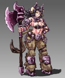 Rule 34 | 1girl, abs, animal ears, axe, belt, belt buckle, bikini, black hair, breasts, buckle, chain, collar, commentary request, cow ears, cow horns, cow tail, earrings, full body, hand on own hip, highres, holding, holding weapon, hooves, horn ornament, horns, jewelry, large breasts, looking at viewer, minotaur, minotaur (monster girl encyclopedia), monster girl encyclopedia, simple background, smile, solo, standing, swimsuit, tail, udetamago, weapon, yellow eyes