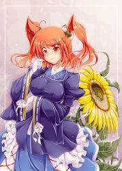 Rule 34 | 1girl, adapted costume, flower, hair bobbles, hair ornament, highres, ichirino minagi, onozuka komachi, red eyes, red hair, sash, solo, sunflower, touhou, twintails, two side up, wide sleeves