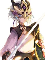 1boy above_cleavage_cutout aqua_eyes arms_at_sides asymmetrical_sleeves black_horns black_shrug blurry_border chinese_knot falling_petals fate/grand_order fate_(series) flower_knot glowing glowing_petals gradient_eyes grey_hair holding holding_sword holding_weapon horns long_sleeves looking_at_viewer male_focus mask multicolored_eyes petals pom_pom_(clothes) prince_of_lan_ling_(fate) purple_eyes shirt shirt_tucked_in short_hair shrug_(clothing) sibyl sidelighting simple_background solo split_mouth standing sunlight sword three_quarter_view two-tone_eyes weapon weibo_watermark white_background white_shirt wind