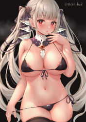 Rule 34 | 1girl, :o, absurdres, areola slip, areolae, arm at side, azur lane, bangs, bare arms, bare shoulders, between breasts, bikini, bikini pull, black background, black bikini, black legwear, black ribbon, blunt bangs, blush, bow, bow bikini, breasts, cleavage, commentary request, cowboy shot, detached collar, ebifurai (r3mpuami), eyebrows visible through hair, fang, fingernails, formidable (azur lane), front-tie bikini, front-tie top, grey hair, groin, hair ribbon, hand to own mouth, hand up, highres, large breasts, long hair, looking at viewer, micro bikini, navel, neckwear between breasts, parted lips, pulled by self, red eyes, ribbon, side-tie bikini, simple background, solo, standing, stomach, string bikini, sweat, swimsuit, thighhighs, twintails, twitter username, two-tone ribbon, very long hair, white neckwear, white ribbon