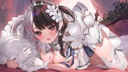 Rule 34 | 1girl, bed, blunt bangs, blush, braid, breast press, breasts, cleavage, dress, elbow rest, flower, frilled dress, frilled pillow, frilled skirt, frilled sleeves, frills, gloves, hair flower, hair ornament, large breasts, looking at viewer, lying, nijisanji, hugging object, on bed, on stomach, open mouth, parsley-f, pillow, pillow hug, red eyes, ribbon, side braid, skirt, smile, thighhighs, two side up, virtual youtuber, white gloves, white thighhighs, yorumi rena