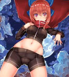 Rule 34 | 1girl, alternate costume, ashu, bike shorts, blush, bow, breasts, cloud, commentary request, cropped jacket, gluteal fold, hair bow, long sleeves, looking at viewer, midriff, navel, night, red eyes, red hair, sekibanki, sky, solo, star (sky), starry sky, touhou