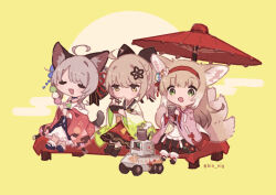 Rule 34 | 3girls, animal ears, arknights, artist name, blonde hair, cat ears, cat girl, cat tail, chibi, closed eyes, commentary, dango, eating, food, fox ears, fox girl, fox tail, green eyes, grey hair, japanese clothes, kimono, kitsune, kyuubi, lens (arknights), light brown hair, long hair, mint (arknights), mint (tsukiyoi) (arknights), multiple girls, multiple tails, official alternate costume, open mouth, sanshoku dango, scene (arknights), scene (betsushi) (arknights), short hair, suzuran (arknights), suzuran (yukibare) (arknights), symbol-only commentary, tail, urabe (mstchan), wagashi, yellow eyes