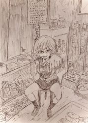 Rule 34 | 1girl, black skirt, bolo tie, candy store, cropped jacket, cross tie, daito academy school uniform, dress, eating, food, from above, full body, glasses, graphite (medium), hand up, highres, hood, hood down, hoodie, indoors, kanechitomoyo, kazari jun, loafers, long hair, looking at viewer, magia record: mahou shoujo madoka magica gaiden, mahou shoujo madoka magica, outstretched arm, ramune, reaching, reaching towards viewer, school uniform, shoes, shop, short dress, sitting, skirt, socks, solo, spread legs, stool, traditional media