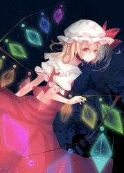 Rule 34 | 1girl, bad id, bad pixiv id, blonde hair, blouse, cuivre, dress, dutch angle, embodiment of scarlet devil, female focus, flandre scarlet, gradient background, hair between eyes, hat, looking back, mob cap, shirt, solo, touhou, white hat, white shirt, wings