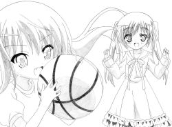 Rule 34 | 10s, 1girl, artist request, ball, basketball, character sheet, dress, fang, female focus, long hair, misawa maho, monochrome, open mouth, rou-kyuu-bu!, smile, solo, twintails, white background