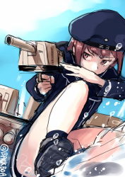 Rule 34 | 10s, 1girl, aiming, brown eyes, brown hair, gradient background, hat, kantai collection, long sleeves, poco (backboa), red hair, sailor hat, shoes, short hair, sketch, sky, solo, twitter username, water, z3 max schultz (kancolle)