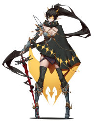 Rule 34 | 1girl, absurdly long hair, absurdres, armor, black cape, black hair, boobplate, breastplate, breasts, cape, closed mouth, earrings, elbow gloves, eye mask, full body, gauntlets, gloves, highres, jewelry, large breasts, long hair, mask, armored boots, original, pointy ears, ponytail, shoulder armor, simple background, solo, pauldrons, thighhighs, very long hair, waterkuma, white background