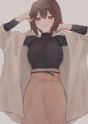 Rule 34 | 1girl, black sweater, brown eyes, brown hair, brown skirt, chinese commentary, coat, commentary request, cowboy shot, grey coat, hair ribbon, highres, ise (kancolle), kantai collection, kazeshio, looking at viewer, official alternate costume, ribbon, short hair, skirt, smile, solo, sweater
