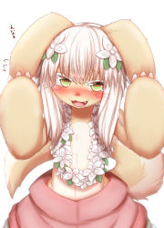 Rule 34 | 1other, :3, animal ears, animal hands, blush, blush stickers, body fur, brown eyes, brown fur, collarbone, colored eyelashes, cowboy shot, ears down, embarrassed, fang, flower, flower necklace, flying sweatdrops, furry, green eyes, hair flower, hair ornament, half-closed eyes, hands up, happy, highres, horizontal pupils, horokusa (korai), japanese text, jewelry, lei, long hair, looking at viewer, made in abyss, multicolored eyes, multicolored pants, nanachi (made in abyss), necklace, nose blush, open mouth, other focus, pants, puffy pants, sidelocks, simple background, smile, solo, standing, sweat, tail, topless, translated, two-tone fur, whiskers, white background, white flower, white fur, white hair