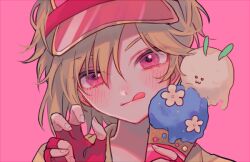 Rule 34 | 1boy, 382, blonde hair, ensemble stars!, fingerless gloves, gloves, head tilt, holding food, holding ice cream, hsora, ice cream, ice cream cone, looking at viewer, male focus, nito nazuna, pink background, pink gloves, red eyes, short hair, smile, solo, tongue, tongue out, visor cap