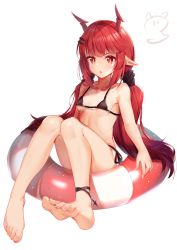 Rule 34 | 1girl, arknights, barefoot, bikini, black bikini, blush, breasts, feet, full body, hair ornament, hairclip, highres, horns, innertube, long hair, looking at viewer, low twintails, nahaki, orange eyes, parted lips, pointy ears, red hair, red horns, side-tie bikini bottom, simple background, sitting, small breasts, soles, solo, swim ring, swimsuit, toes, twintails, vigna (arknights), white background