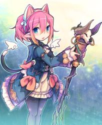 Rule 34 | 1girl, animal ears, animal skull, black thighhighs, blue jacket, bow, braid, breasts, cat ears, cat girl, cat tail, chestnut mouth, cleavage, copyright request, crown braid, detached wings, fake animal ears, frilled skirt, frills, holding, holding staff, jacket, juliet sleeves, long sleeves, looking at viewer, mini wings, parted lips, pink hair, pointy ears, puffy sleeves, red bow, skirt, sleeves past wrists, small breasts, solo, staff, standing, tail, thighhighs, white skirt, white wings, wide sleeves, wings, yoshi (crossmind)