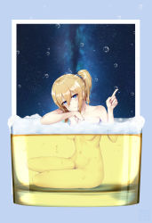 Rule 34 | 1girl, alcohol, arm rest, bath, beer, blonde hair, blue background, blue eyes, breasts, bubble, bubble bath, chinese commentary, commentary request, completely nude, cup, eyelashes, foam, glass, groin, hair between eyes, hair tie, hand up, hayasaka ai, head rest, highres, in container, in cup, index finger raised, kaguya-sama wa kokurasetai ~tensai-tachi no renai zunousen~, legs, long hair, looking at viewer, nude, side ponytail, sidelocks, signature, sitting, sky, small breasts, solo, space, star (sky), starry sky, twt, underboob, yokozuwari