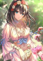Rule 34 | 1girl, black hair, blue eyes, blue ribbon, blue sash, blurry, blurry background, blush, breasts, brown hair, cleavage, collarbone, commentary, cowboy shot, detached collar, dot nose, dress, flower, hair between eyes, hair flower, hair ornament, hairband, highres, holding, holding mirror, idolmaster, idolmaster cinderella girls, idolmaster cinderella girls starlight stage, large breasts, long hair, long sleeves, looking at viewer, mirror, nyome991, orange flower, outdoors, parted lips, pink flower, red flower, red rose, ribbon, rose, sagisawa fumika, sash, see-through, see-through sleeves, smile, solo, symbol-only commentary, tree, white dress, white flower, white rose