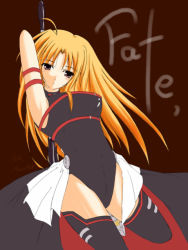 Rule 34 | 00s, 1girl, armpits, arms up, bdsm, black thighhighs, blonde hair, bodysuit, bondage, bound, bound wrists, character name, fate testarossa, fate testarossa (lightning form), kneeling, leotard, long hair, looking at viewer, lyrical nanoha, mahou shoujo lyrical nanoha, mahou shoujo lyrical nanoha a&#039;s, mahou shoujo lyrical nanoha strikers, red background, shibari, simple background, skin tight, solo, thighhighs