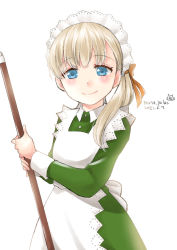 1girl, apron, bangs, blonde hair, blue eyes, blunt bangs, broom, dated, dress, green dress, hair ornament, hair over shoulder, kantai collection, long hair, looking at viewer, maid, maid headdress, matsuura@parao, official alternate costume, ribbon, shin&#039;you (kancolle), simple background, smile, solo, white apron, white background, yellow ribbon