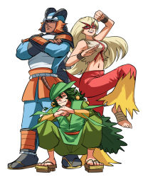 Rule 34 | 1girl, 2boys, armor, bandaged foot, bandages, bare arms, bare shoulders, barefoot, behind another, blaziken, blonde hair, blue eyes, bracer, closed mouth, commentary, creatures (company), cropped shirt, dark-skinned male, dark skin, english commentary, eye mask, floating hair, full body, game freak, gen 3 pokemon, geta, green eyes, grin, half-closed eyes, helmet, highres, knee up, long hair, looking at viewer, mask, midriff, mouth hold, multiple boys, navel, nintendo, orange eyes, pants, personification, pokemon, sceptile, serious, shirt, shoulder armor, simple background, sleeveless, sleeveless shirt, smile, spikes, squatting, standing, starter pokemon trio, stomach, swampert, tail, tina fate, toes, very long hair, vest, white background, wristband