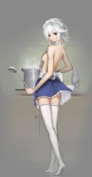 Rule 34 | 1girl, apron, back, bare shoulders, bottle, bow, bowl, braid, breasts, cabinet, chopsticks, cooking, counter, crossed legs, female focus, from behind, full body, gloves, grey background, highres, indoors, izayoi sakuya, ladle, legs, long legs, looking at viewer, looking back, maid, maid apron, maid headdress, maredoro, naked apron, panties, pantyshot, pot, red eyes, short hair, short sleeves, side braid, sideboob, silver hair, simple background, skirt, smile, solo, standing, steam, stove, thighhighs, touhou, twin braids, underwear, upskirt, white panties, white thighhighs, zettai ryouiki
