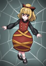 Rule 34 | 1girl, absurdres, blonde hair, bow, brown bow, brown dress, brown eyes, closed mouth, commentary, dress, english commentary, full body, grey background, hair bow, highres, katlei, kurodani yamame, long sleeves, ponytail, short hair, silk, smile, solo, spider web, touhou