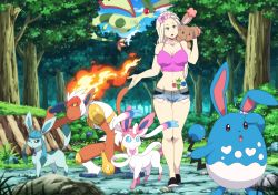 Rule 34 | 10s, 1girl, artist request, azumarill, blonde hair, breasts, buneary, cleavage, collarbone, creatures (company), denim, denim shorts, female focus, fire, flygon, forest, game freak, gen 2 pokemon, gen 3 pokemon, gen 4 pokemon, gen 6 pokemon, glaceon, hair ornament, hip focus, infernape, large breasts, midriff, nature, navel, nintendo, open mouth, pokemon, pokemon (creature), pokemon xy, roselia (pokemon), short shorts, shorts, sky, solo, sylveon, tattoo, tongue, tree, walking, wide hips