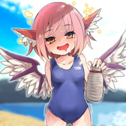 Rule 34 | 1girl, animal ears, bare arms, bare legs, bare shoulders, beach, bird ears, bird wings, blue one-piece swimsuit, blurry, blurry background, blush, collarbone, commission, cowboy shot, drooling, drunk, earrings, feathered wings, highres, holding, jewelry, looking at viewer, mouth drool, mystia lorelei, ocean, one-piece swimsuit, open mouth, pink hair, school swimsuit, short hair, single earring, skeb commission, solo, squeans, swimsuit, tatuhiro, touhou, white wings, wings, yellow eyes