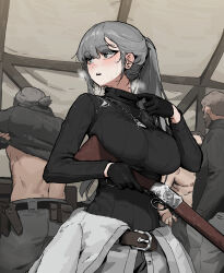 Rule 34 | 1girl, 3boys, adjusting collar, back, beard, belt, belt buckle, black gloves, black sweater, breasts, buckle, clothes around waist, cowboy shot, ear piercing, facial hair, gloves, gogalking, grey eyes, grey hair, grey jacket, gun, highres, holding, holding gun, holding weapon, jacket, jacket around waist, jewelry, large breasts, long hair, long sleeves, looking to the side, multiple boys, necklace, original, piercing, ponytail, ribbed sweater, rifle, solo focus, sweat, sweater, topless male, turtleneck, turtleneck sweater, undressing, weapon