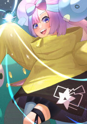 Rule 34 | 1girl, :d, absurdres, akzk, aqua hair, bellibolt, bike shorts, blush, character hair ornament, commentary request, creatures (company), game freak, hair ornament, happy, highres, holding tera orb, iono (pokemon), jacket, long hair, multicolored hair, nintendo, open mouth, pink hair, pokemon, pokemon (creature), pokemon sv, smile, star (symbol), star print, teeth, tera orb, thigh strap, tongue, two-tone hair, upper teeth only, yellow jacket