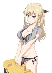 Rule 34 | 1girl, alice gear aegis, alternate hairstyle, bikini, blonde hair, box, breasts, closed mouth, commentary request, grey bikini, grey eyes, grey shirt, holding, holding box, large breasts, pinakes, ponytail, rita henschel, shirt, side-tie bikini bottom, solo, swimsuit, tied shirt, toolbox, white background